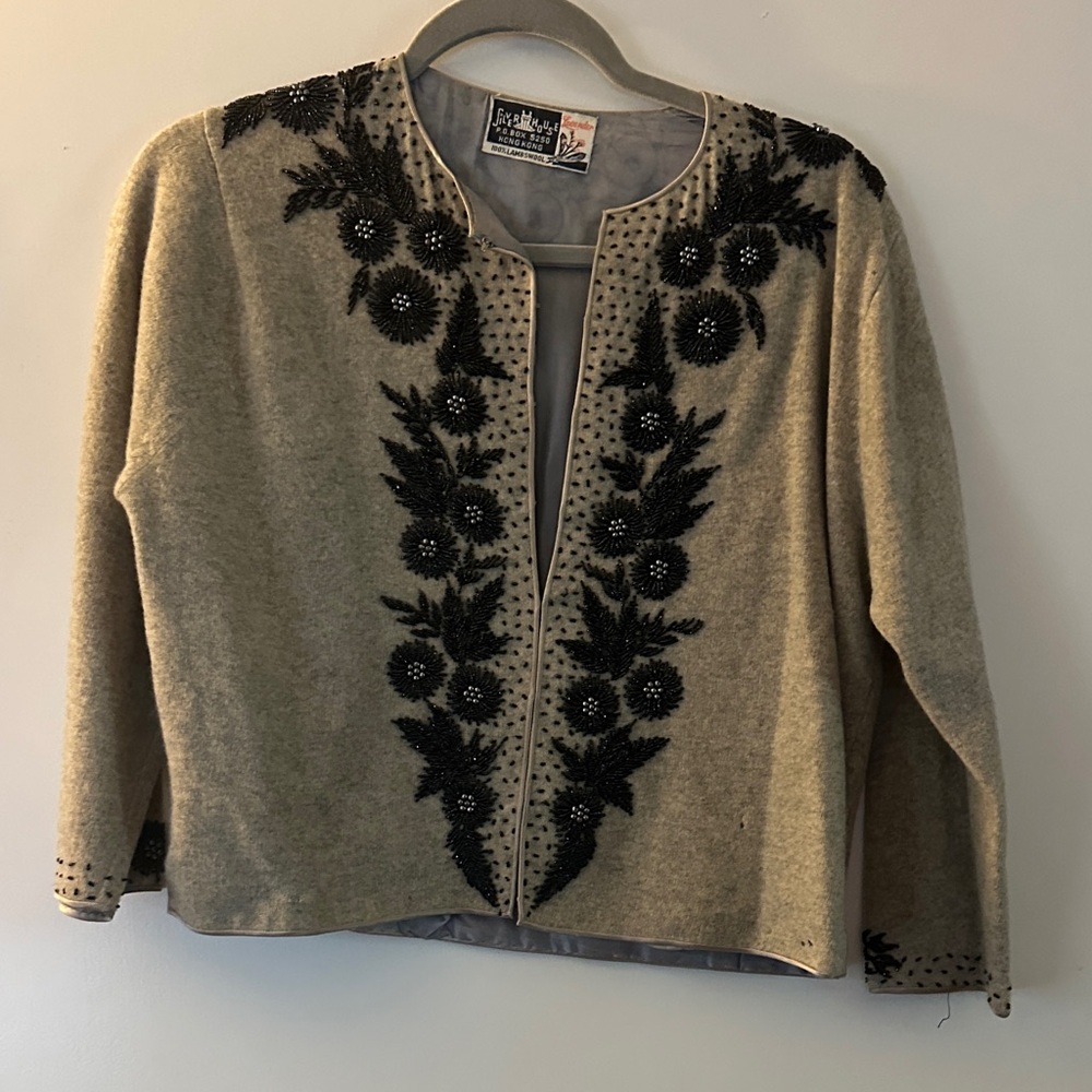 Silver house gray Vintage Wool Cardigan with Black Beaded Floral Trim